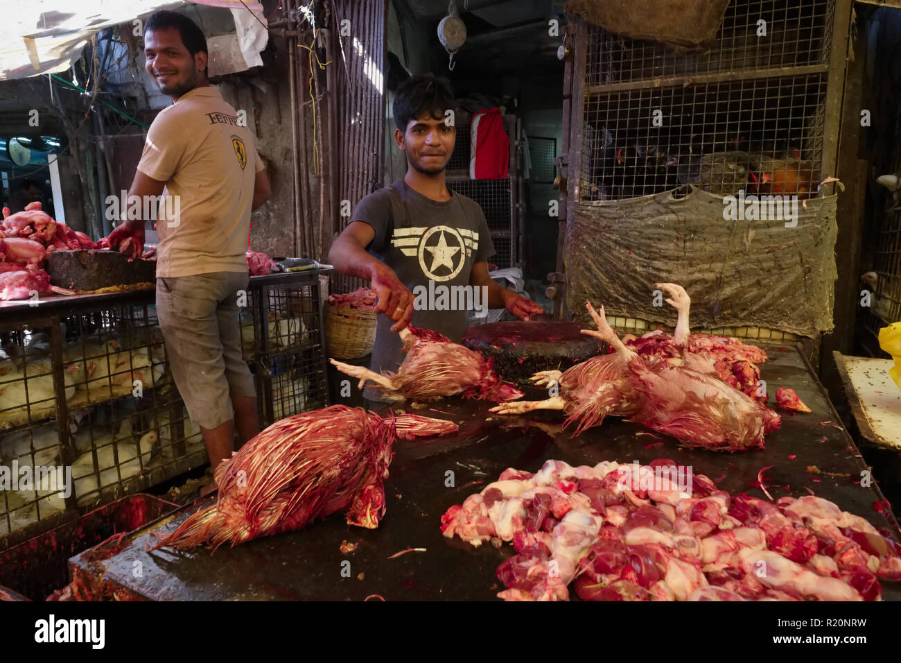 In einem Schlachthof in Null Bazar, Mumbai, Indien, die Tiere getötet und in einer zufälligen, grausame und unhygienischen Weise verarbeitet Stockfoto