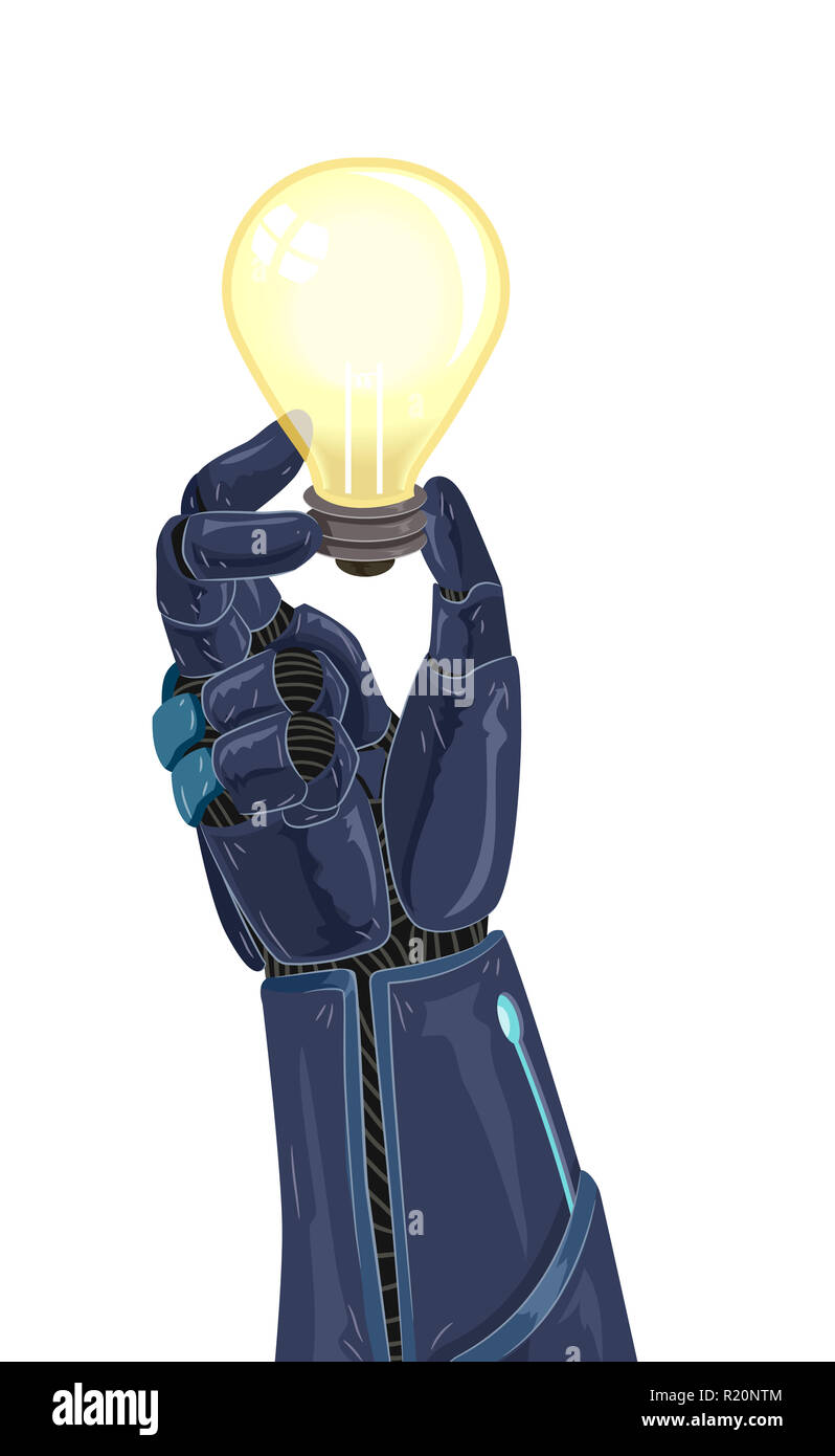 Prinzipdarstellung mit einem künstlichen Arm Holding eine Glühbirne Stockfoto