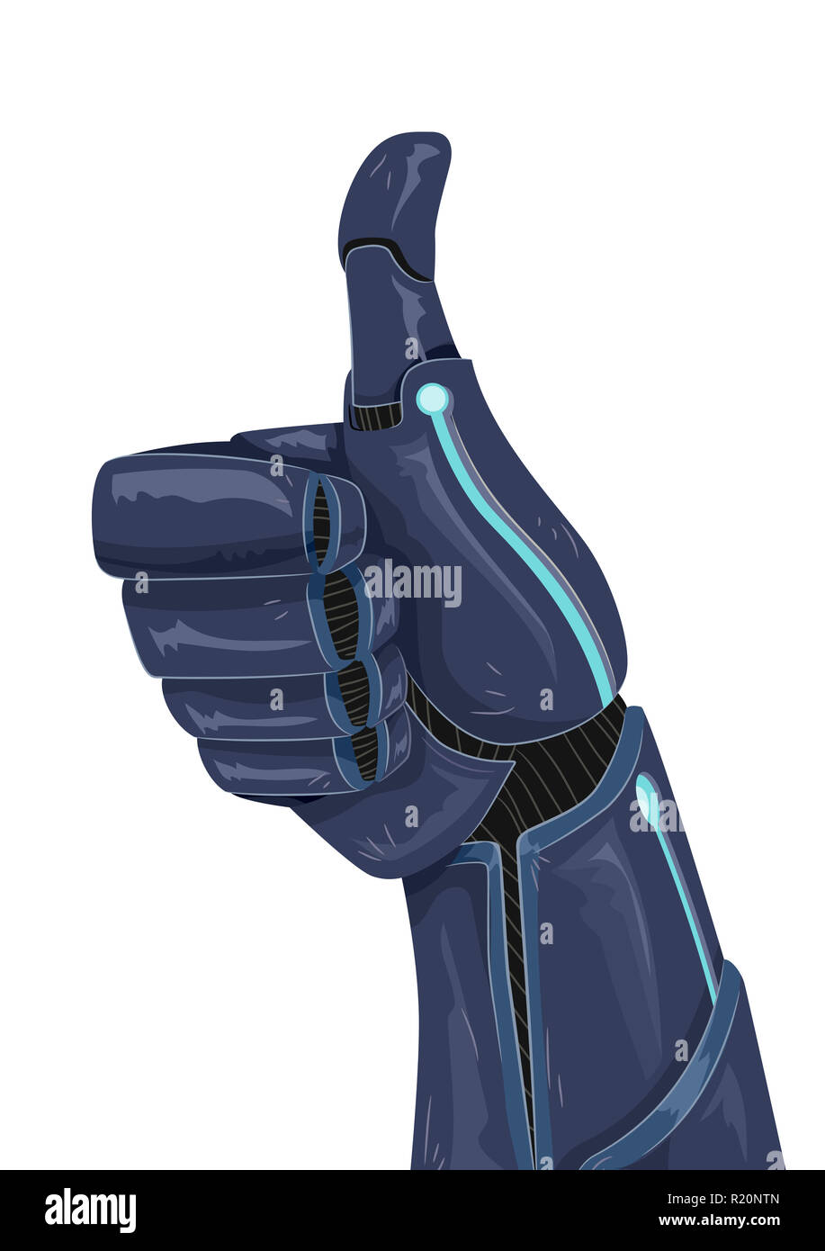 Abbildung mit einem Blau Metallic künstliche Arm Daumen aufzugeben. Stockfoto