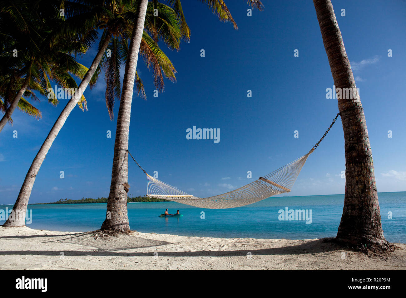 Der perfekte Ort, um in der Blick über die Lagune von Aitutaki, Cook Inseln zu nehmen. Stockfoto