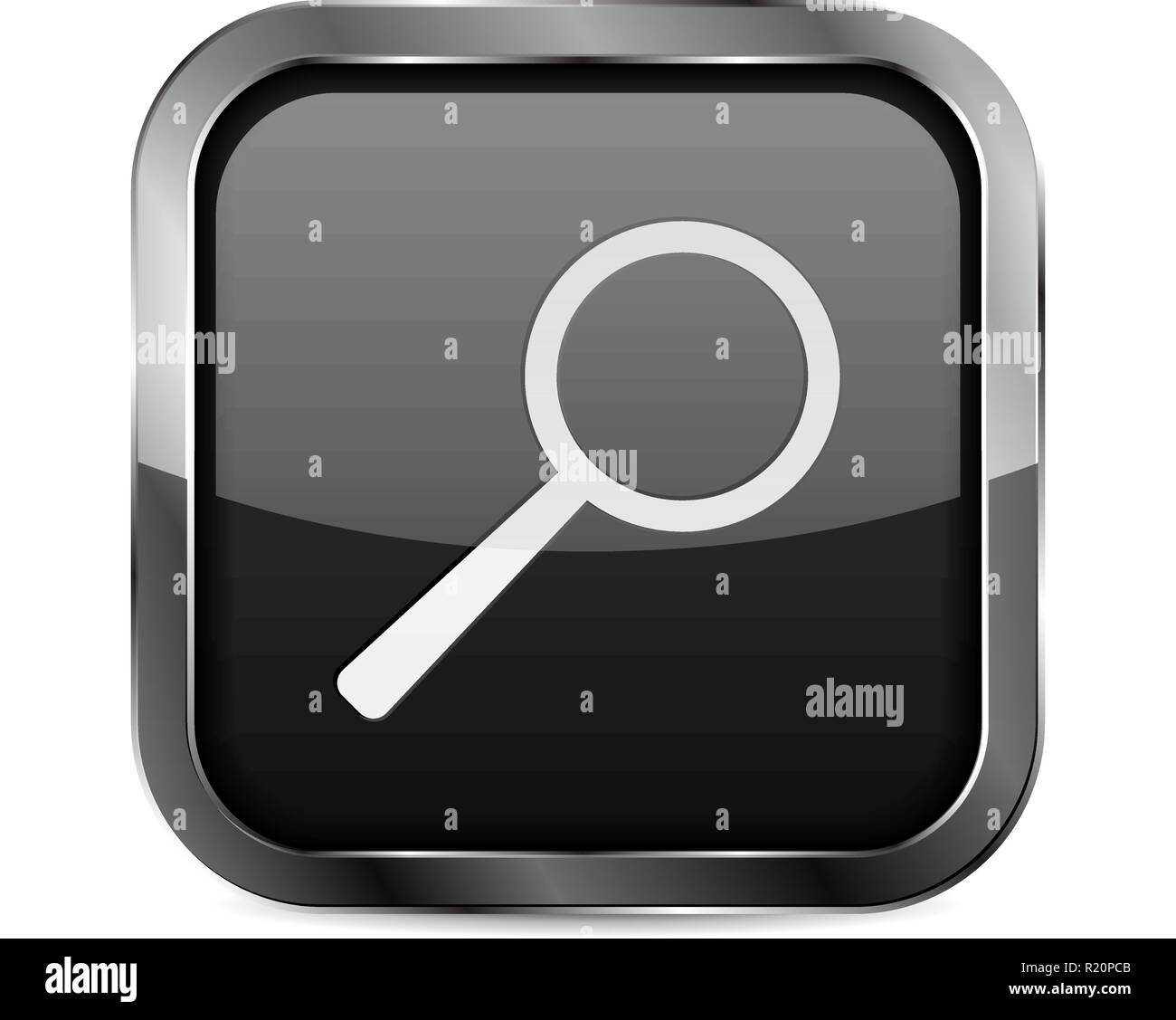Schaltfläche "Suchen". Schwarzes Glas 3d Symbol mit Metallrahmen Stock Vektor