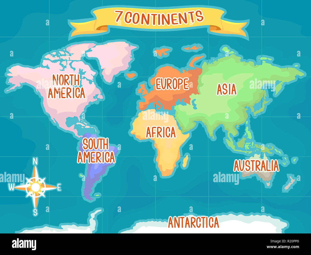 Bunte Illustrationen mit einer Weltkarte die sieben Kontinente hervorheben  Stockfotografie - Alamy