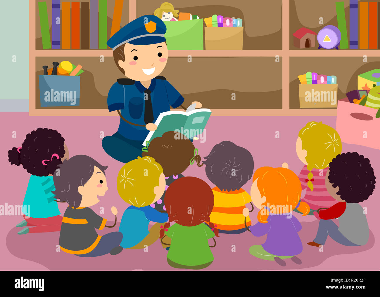 Abbildung: Stickman Kinder Hören zu einem Polizei ein Buch lesen in der Klasse Stockfoto