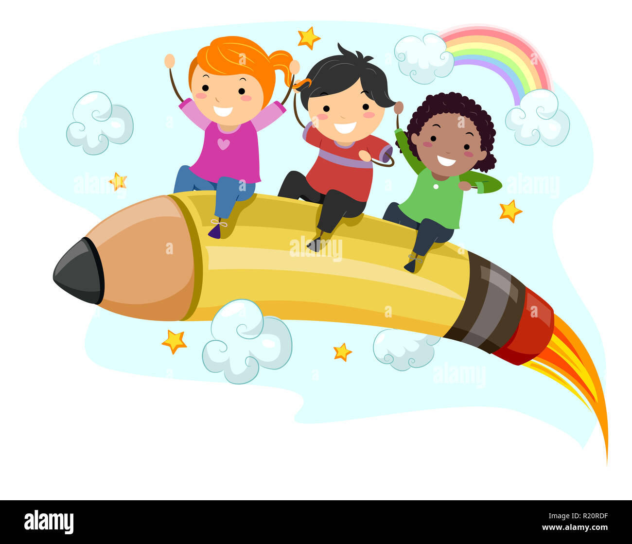 Abbildung: Stickman Kinder reiten mit einem Stift eine Rakete in den Himmel Stockfoto