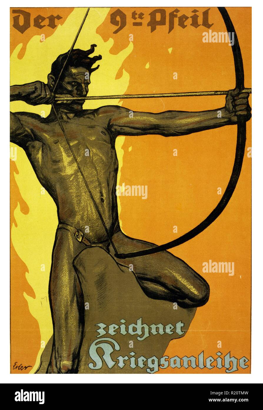 Plakat zeigt einen Mann, von Flammen umgeben, gebietsübergreifende ein Rock und zeigen sie mit einem Pfeil und Bogen in die Ferne. Text ermutigt die Menschen, an die Neunte Krieg Darlehen zu abonnieren. Stockfoto