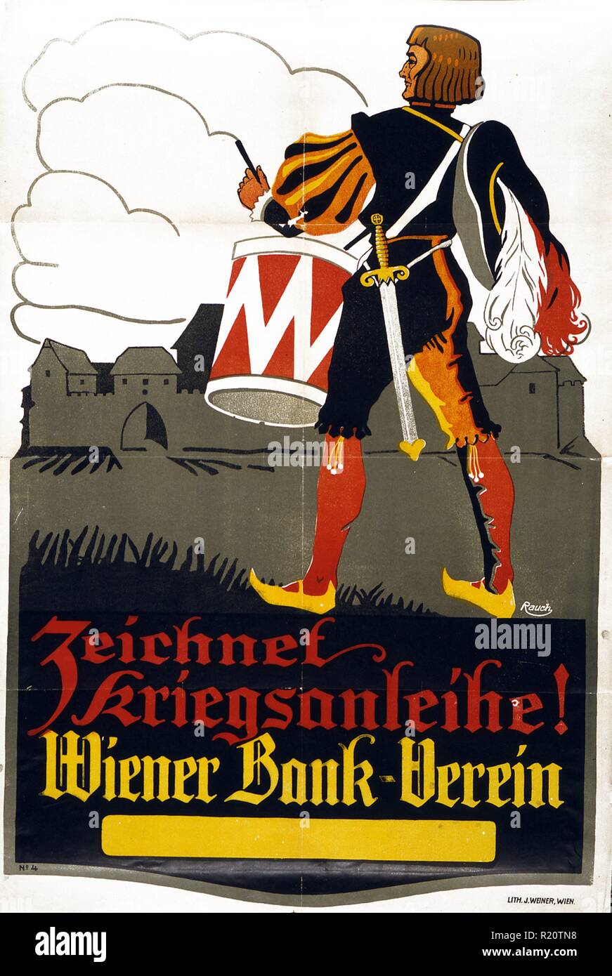 Plakat zeigt einen mittelalterliche Schlagzeuger vor eine ummauerte Stadt. Text: Abonnieren Sie die Kriegsanleihe! Wiener Bank-Verein. Datiert 1914 Stockfoto
