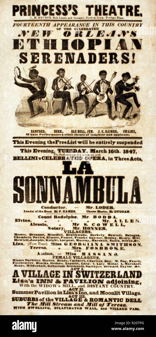 Plakat werbung der vierzehnte Aussehen in diesem Land der gefeierten New Orleans Ethiopian Serenaders in Bellinis Oper "La Sonnambula". Vom 1847 Stockfoto