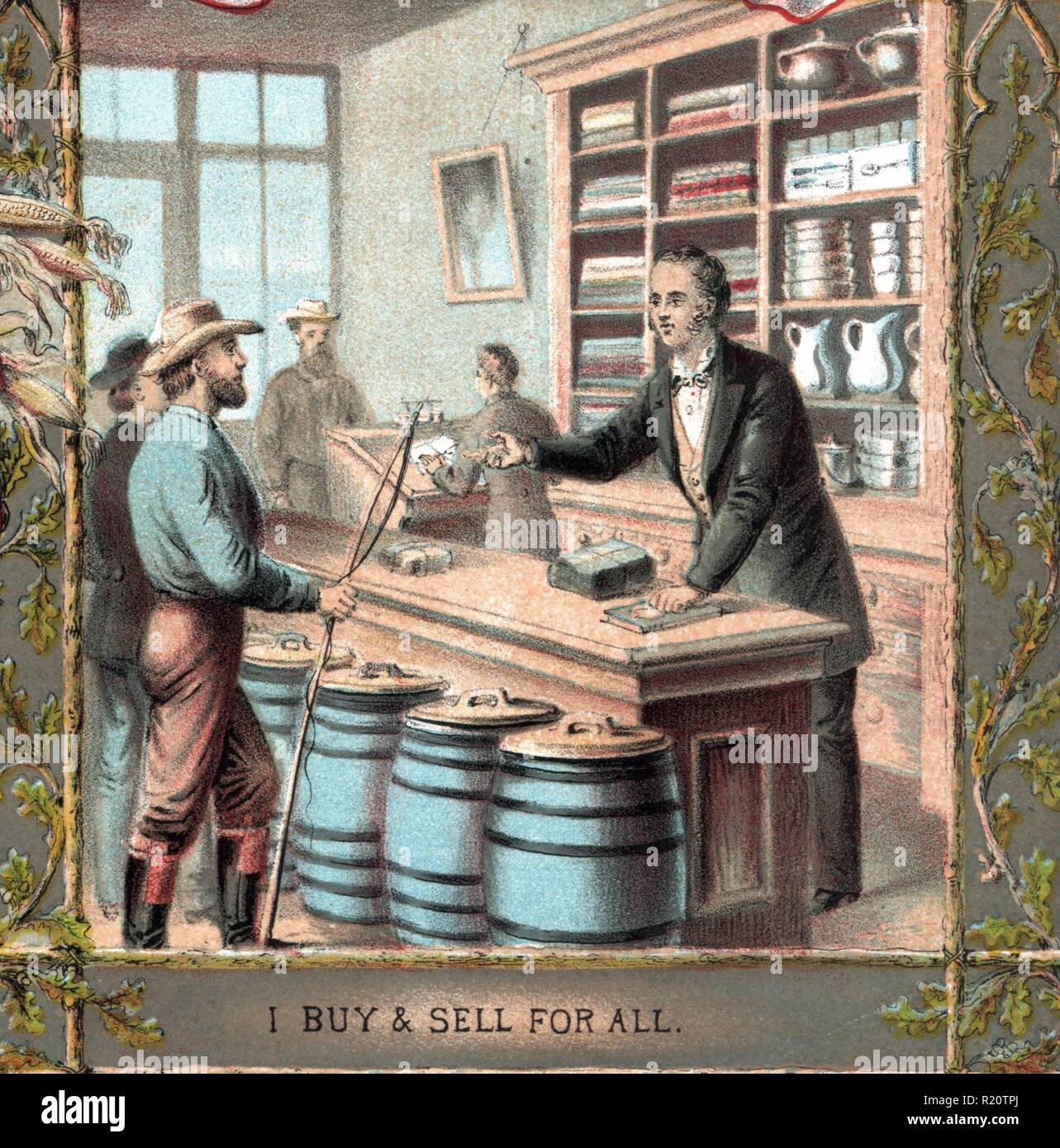 Vignette von der Granger Bewegung inspiriert, zeigt ein Ladenbesitzer in ein Geschäft, in dem er die Bedeutung der Landwirt in der amerikanischen Gesellschaft. Der Titel ist eine Variation auf das Motto der Bewegung", die ich für alle Zahlen." Die Grange war eine Organisation bestanden meistens aus Des mittleren Landwirte, die Vereinigten die monopolistische Praktiken der Eisenbahnen und Getreidesilos zu bekämpfen. Vom 1875 Stockfoto
