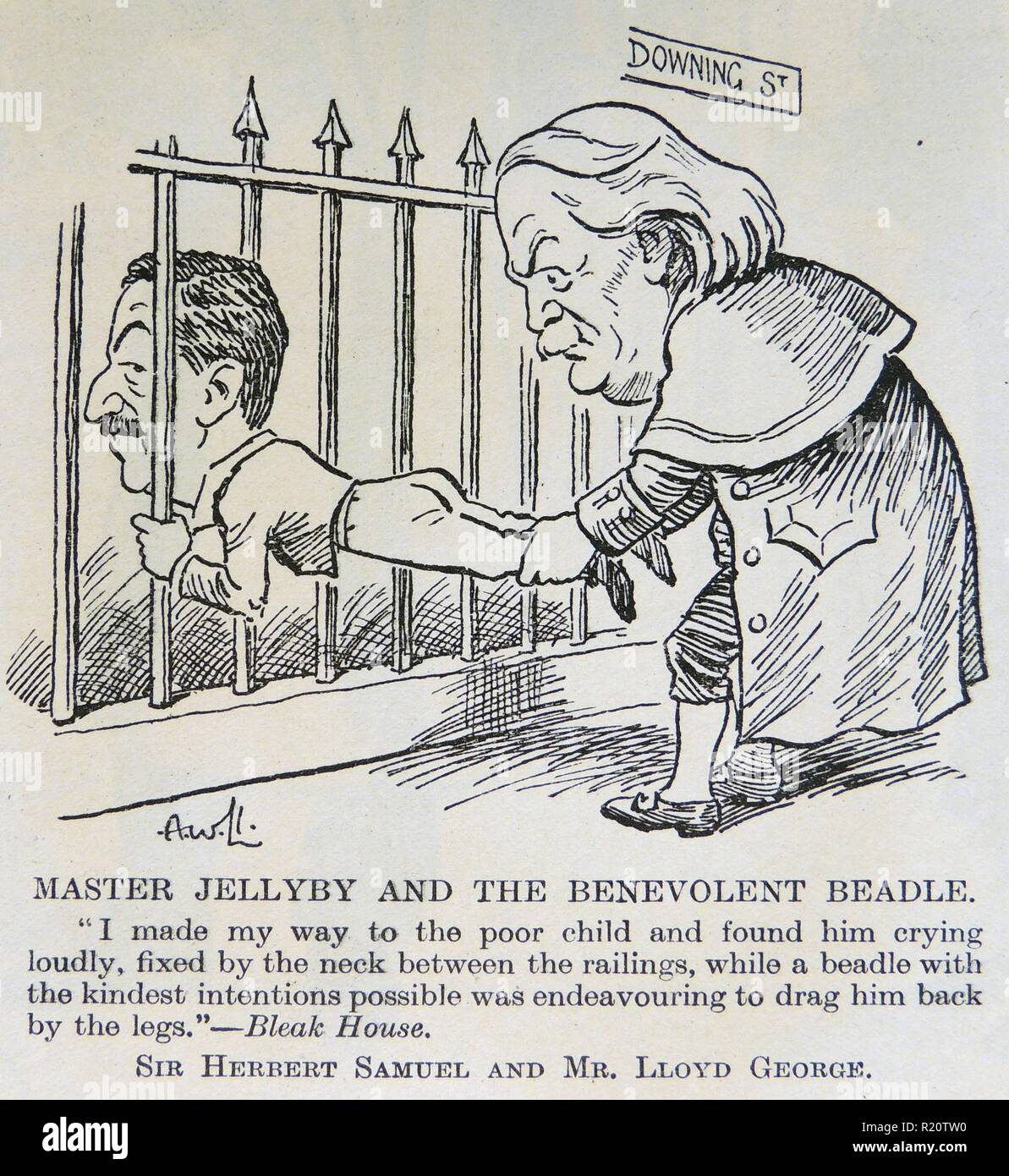 David Lloyd George (1863-1945) Welsh liberalen Politiker Rettung Herbert Samuel (1870-1963) von Downing Street 10. Samuel links MacDonald's Koalition Ende 1932. Cartoon von ''Punch'', London, Stockfoto