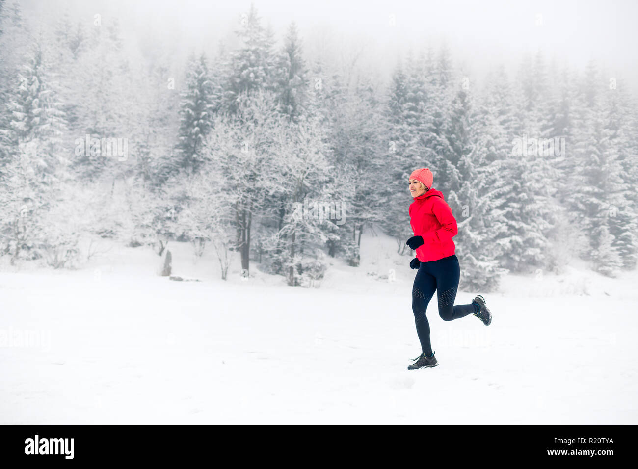 Mädchen Laufen auf Schnee im Winter Berge. Sport, Fitness Inspiration und Motivation. Junge Frau Trail in den Bergen im schnee, winter day. Stockfoto