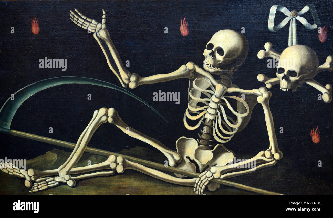 Menschliches Skelett. Detail vom Öl Malerei Vanité makabren c 17 Anon Stockfoto