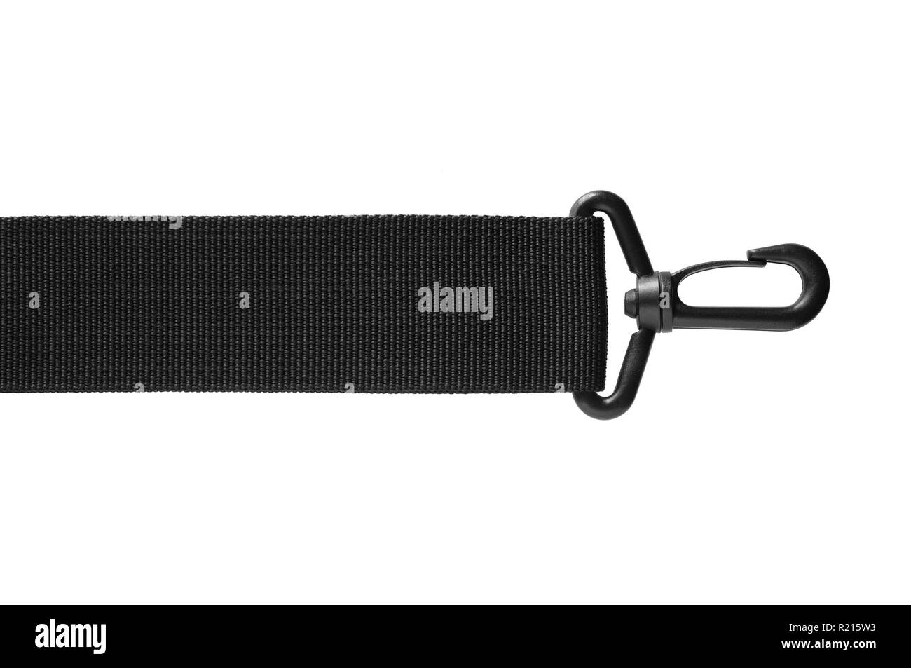 Black Belt Seil strap Lanyard, hängende Plastik verschluss Schnappverschluss haken Karabiner, isolierte Makro Nahaufnahme, horizontal Stockfoto