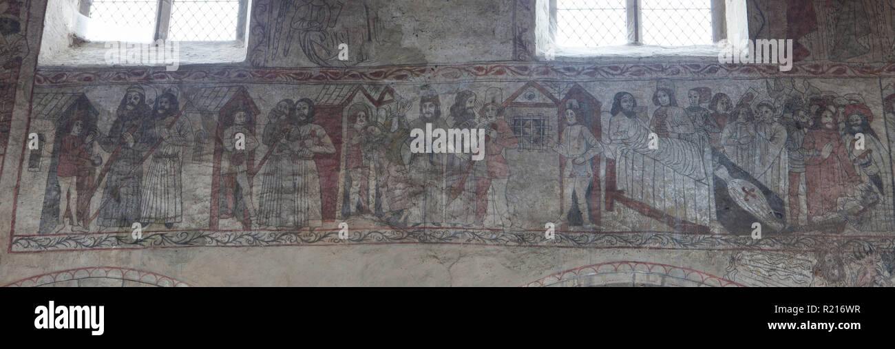 Sieben korporale Gnadenakte: Mittelalterliche Wandbilder in der St. Peter und St. Paul's Kirche in Pickering, North Yorkshire Stockfoto