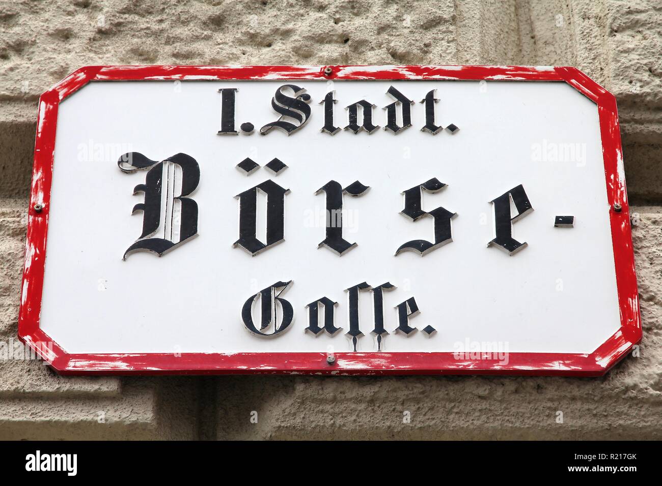 Wien, Österreich - Börse Börse Gasse (Straße) Straßenschild in der Altstadt. Stockfoto