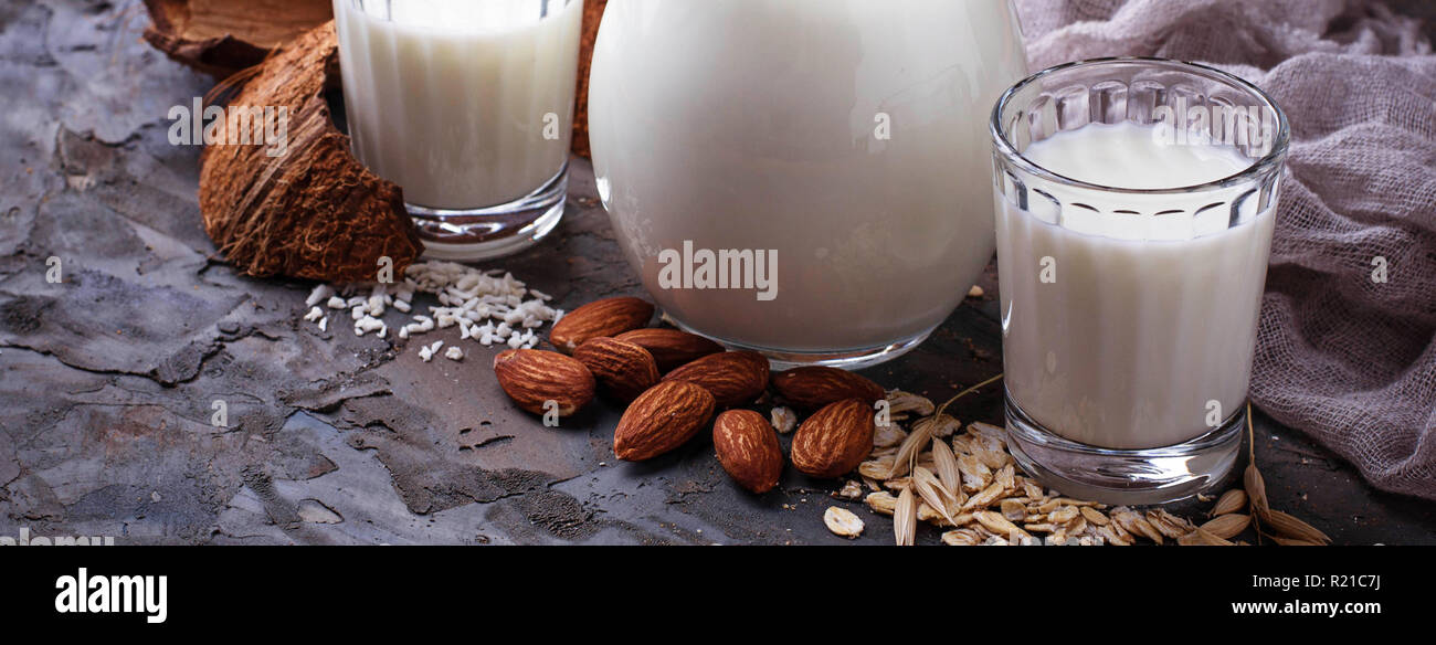 Verschiedene Arten von vegan Milch laktosefrei Stockfoto