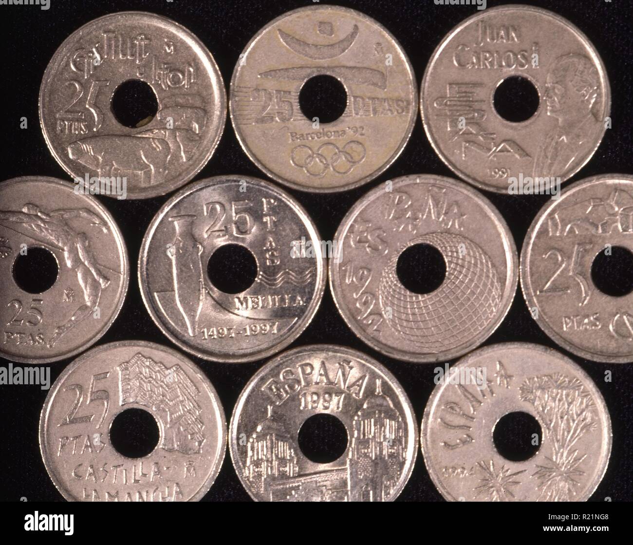 VEINTICINCO MONEDAS DE PTA. Stockfoto