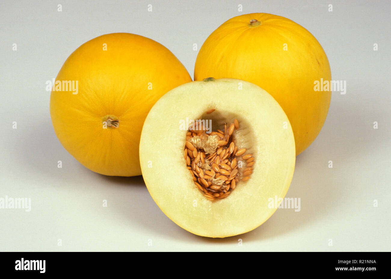 STUDIOBILD VON GANZEN UND HALBIERTEN HONIGWASSERMELONEN (CUCUMIS MELO). INDORUS-GRUPPE. Stockfoto