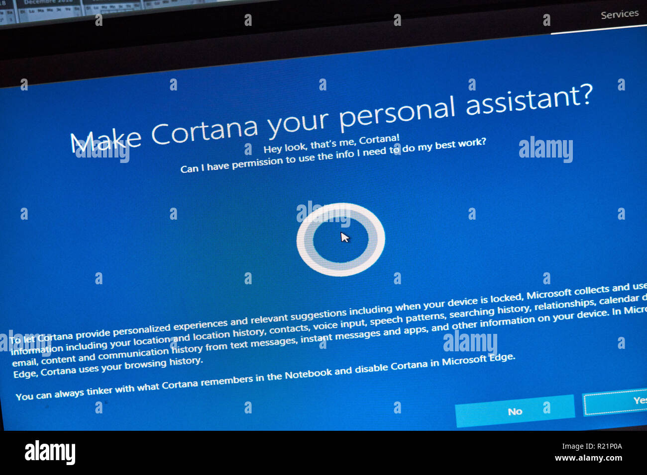 MONTREAL, KANADA - 8 November, 2018: Windows Cortana, persönlicher Assistent auf einem PC-Bildschirm. Microsoft ist eine US-amerikanische multinationale Unternehmen Stockfoto
