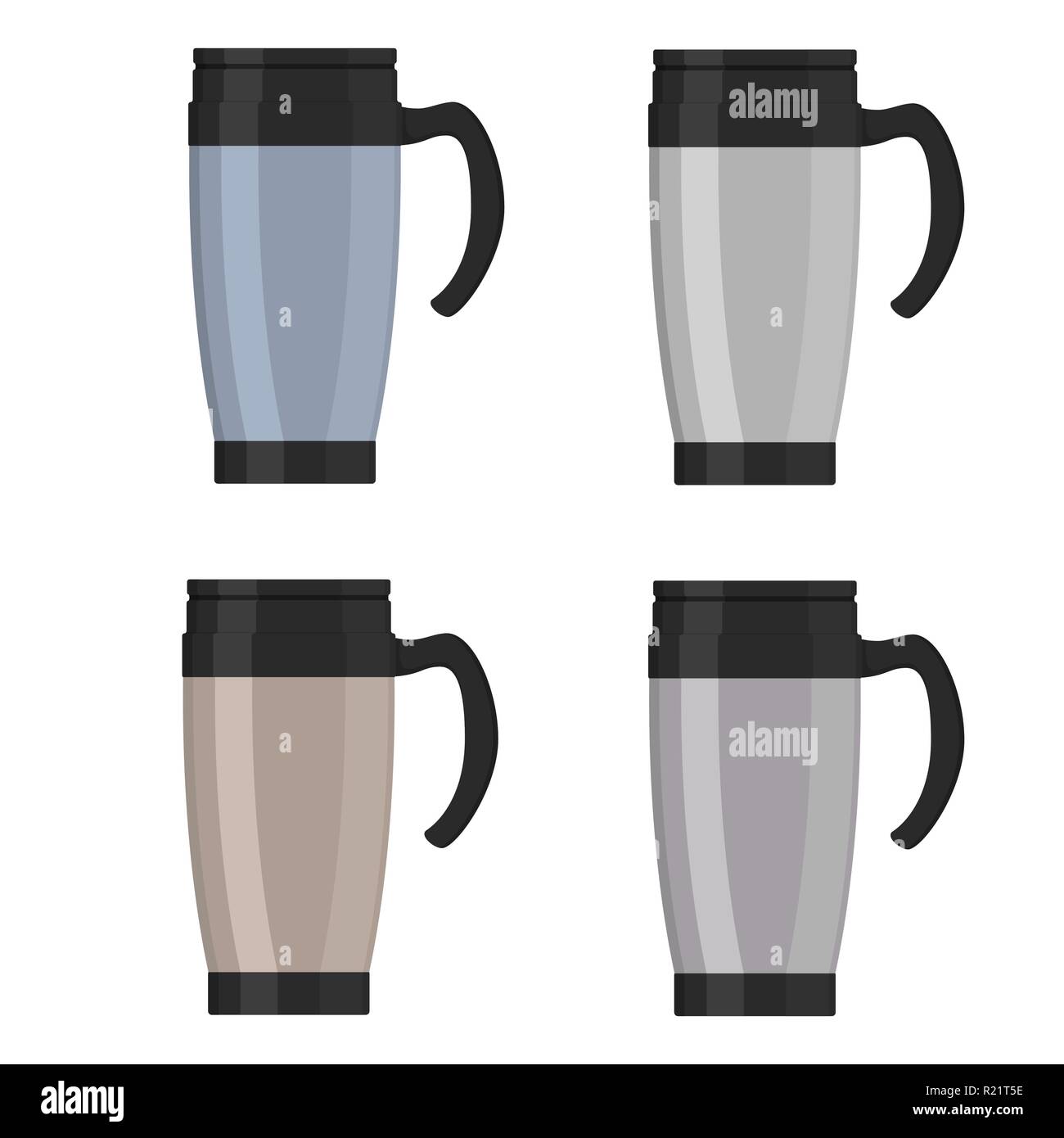 Moderne thermo Cup, Reisebecher, Thermoskanne auf weißem Hintergrund, eingestellt. Vector Illustration im flachen Stil Stock Vektor