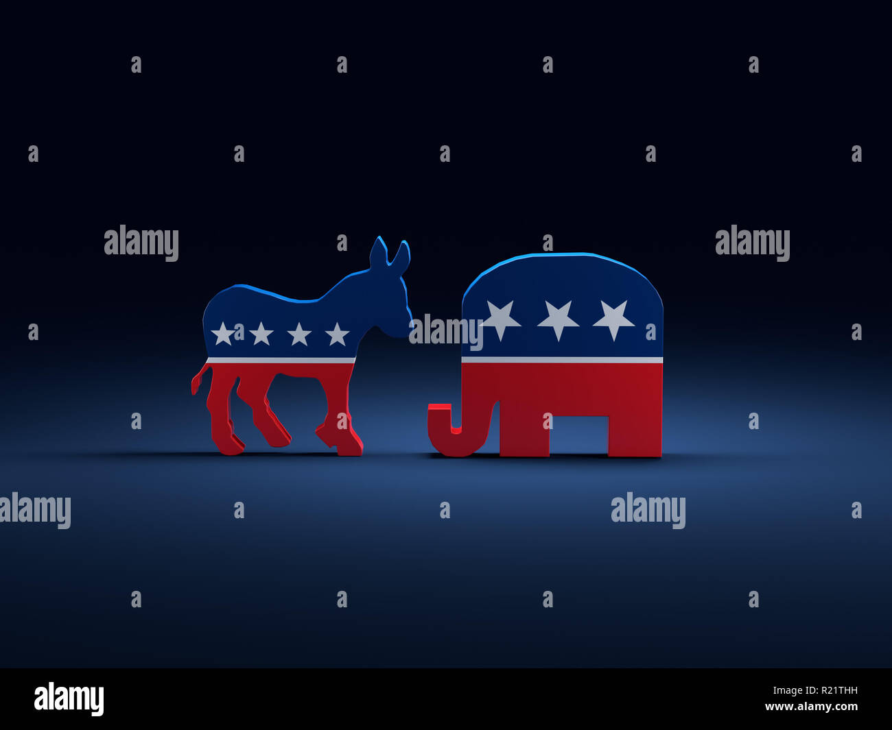 3D-Render von Demokraten Esel vs Republikaner Elefant Symbole auf dunkelblauem Hintergrund Stockfoto