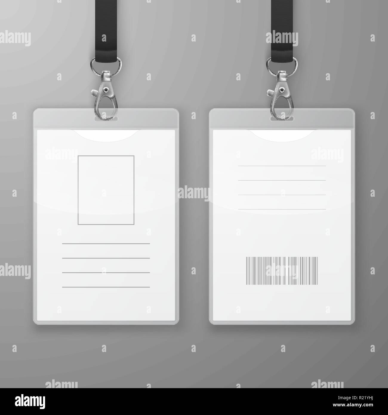 Zwei Vektor realistische Leer Office Grafik ID-Karten mit Verschluss und Lanyard Closeup isoliert. Vorder- und Rückseite. Design vorlage Personalausweis für Mockup. Personalausweis Mock-up in der Ansicht von oben Stock Vektor