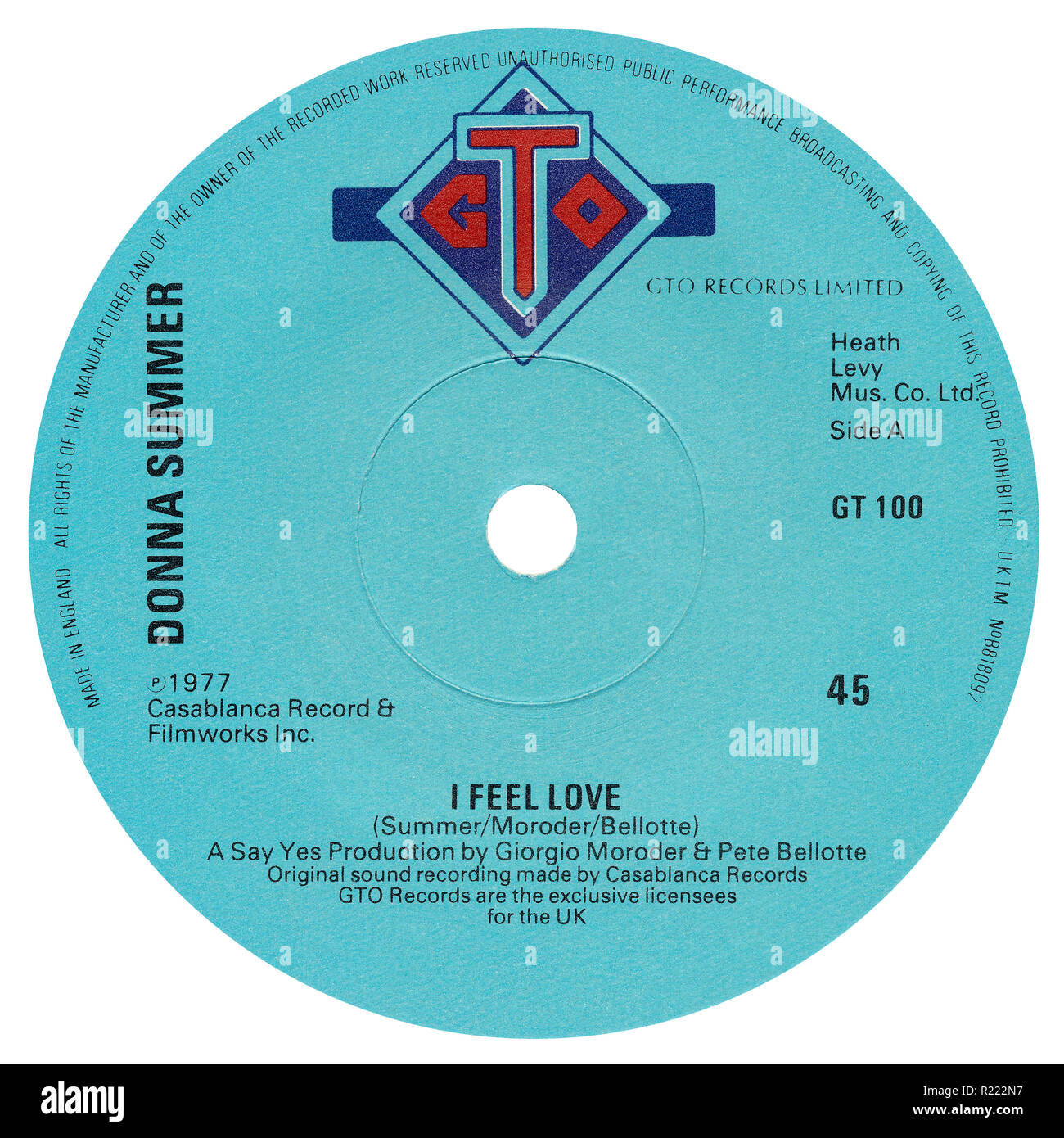 UK 45 U/min 7" Single von I Feel Love von Donna Summer auf der GTO-Label von 1977. Von Donna Summer, Giorgio Moroder und Pete Bellotte und von Giorgio Moroder und Pete Bellotte produziert geschrieben. Stockfoto