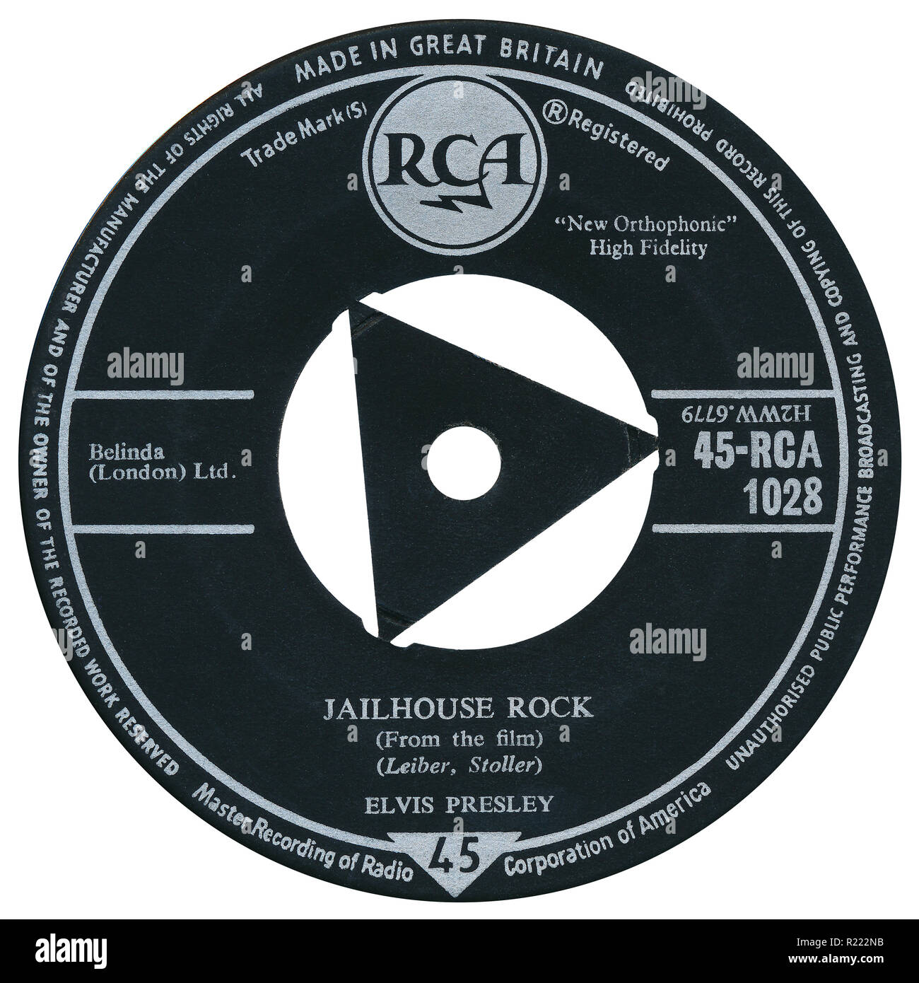 UK 45 U/min 7" Single von Jailhouse Rock von Elvis Presley auf der RCA Label von 1958. Geschrieben und von Jerry Leiber und Mike Stoller produziert. Stockfoto