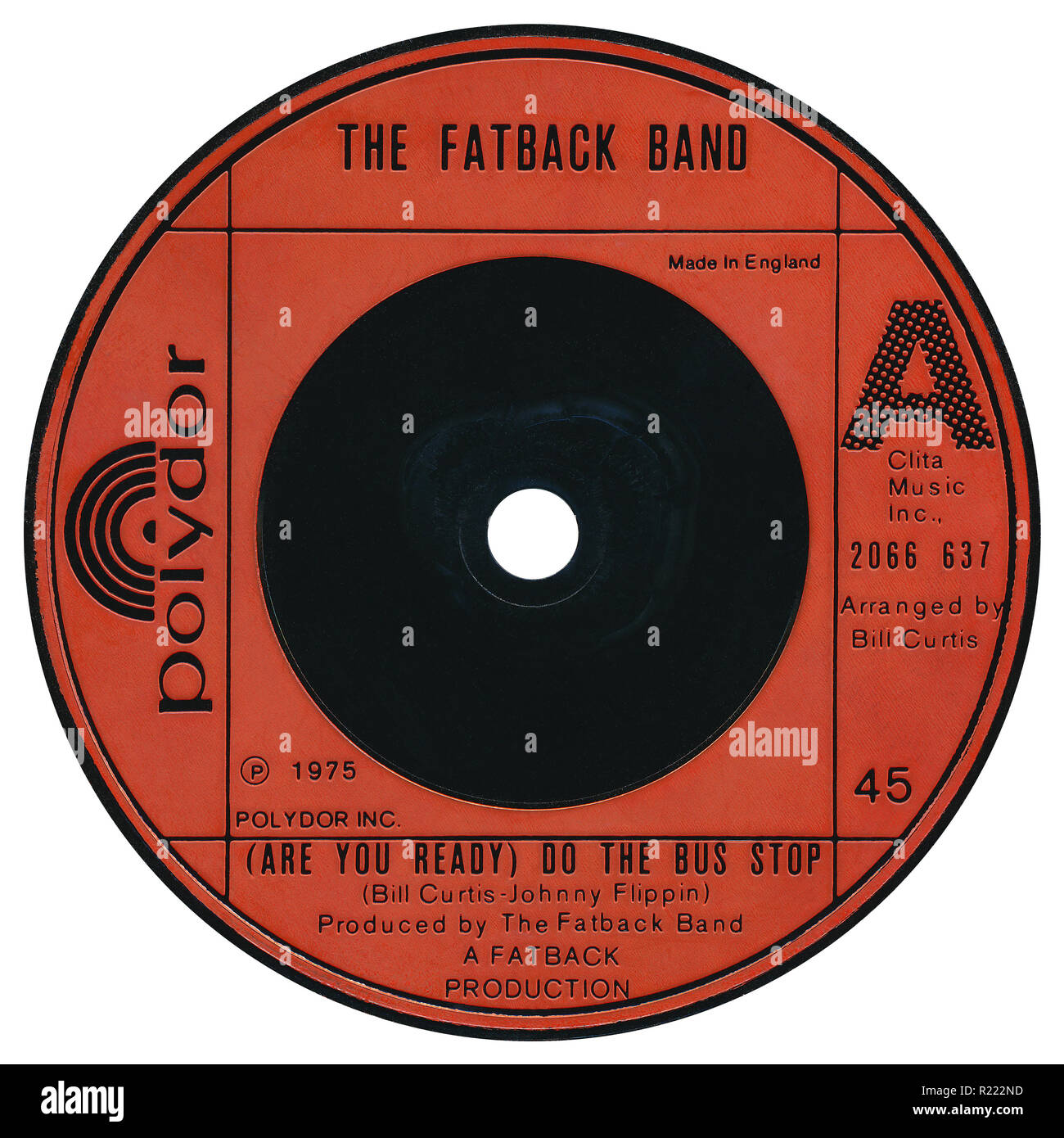 UK 45 U/min 7" Single (Sind Sie Bereit) die Bushaltestelle von der Fatback Band auf Polydor Records von 1975. Von Bill Curtis und Johnny Flippin, arrangiert von Bill Curtis und durch die fatback Band geschrieben. Stockfoto