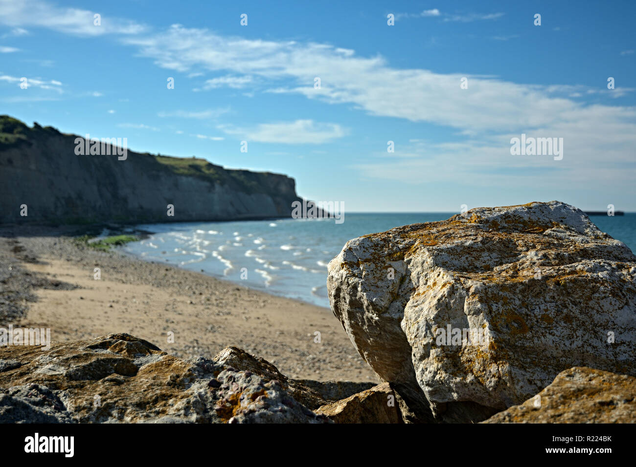 Strände in Arromanches in Frankreich war einer der Orte, an denen Landung in der Normandie während des Zweiten Weltkriegs stattgefunden hat Stockfoto