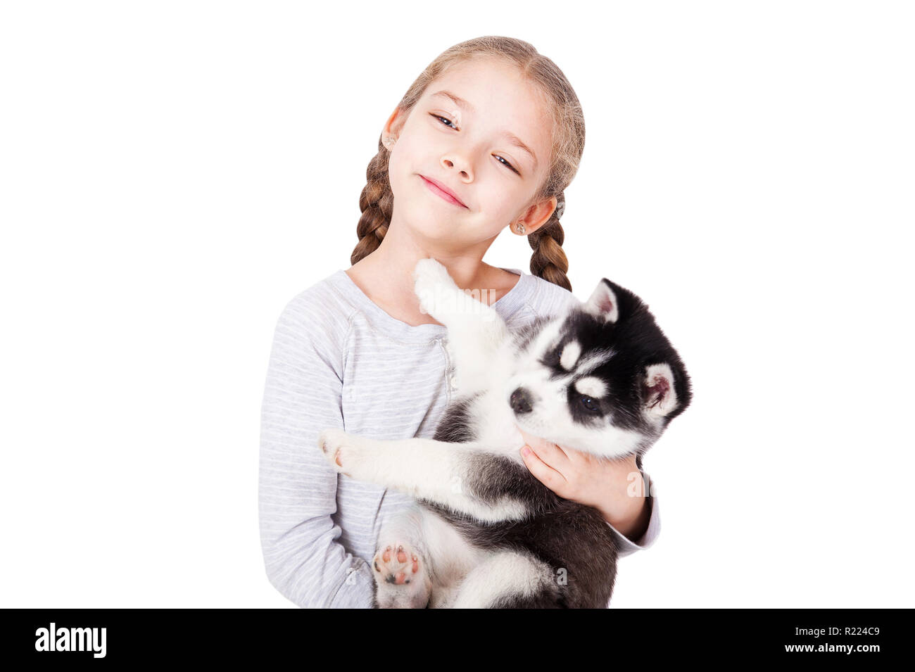 Süße kleine Mädchen umarmt einen Husky Welpe, auf einem weißen Hintergrund. Stockfoto