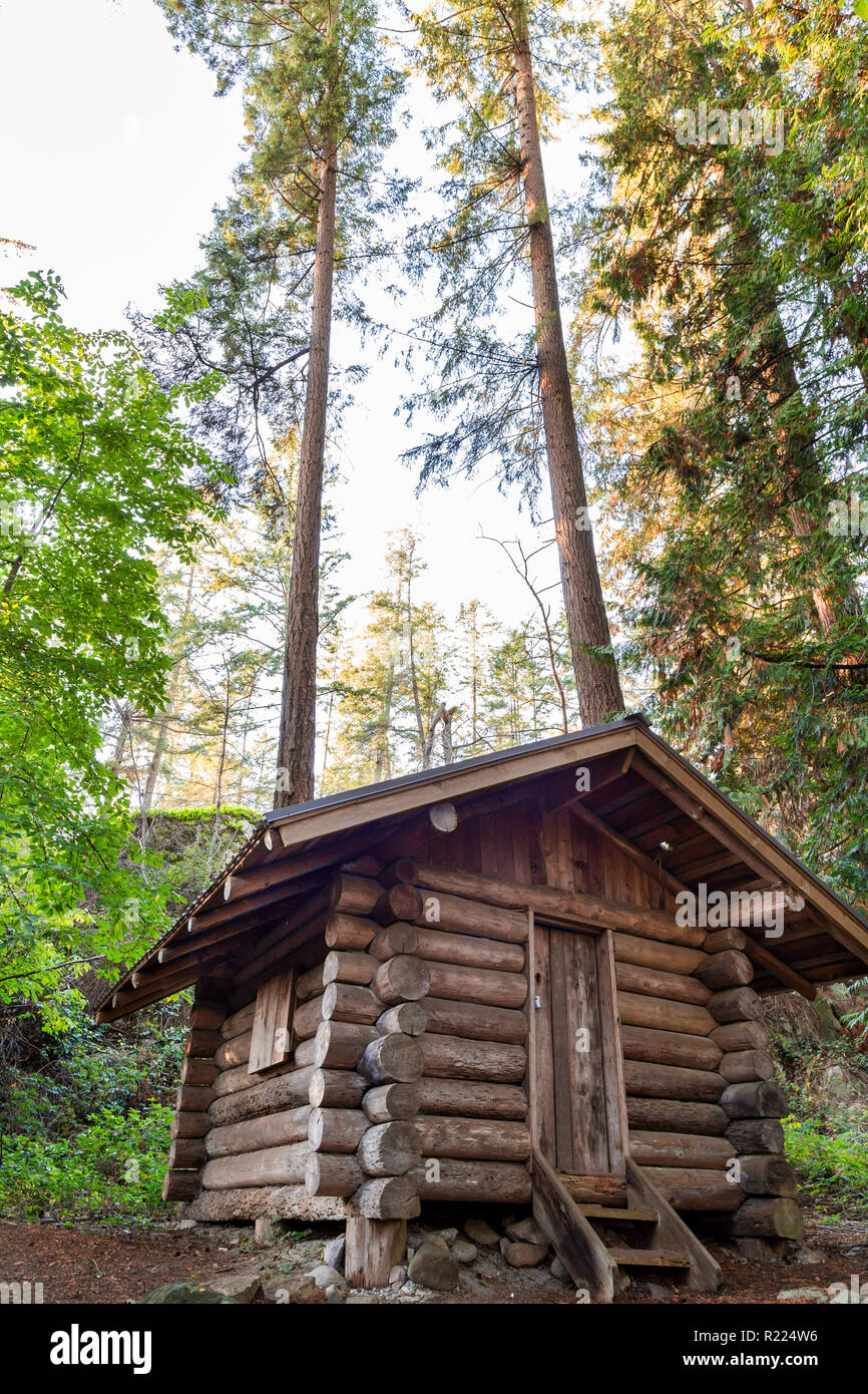 Blockhaus in einem Wald im Sommer im Park. Stockfoto