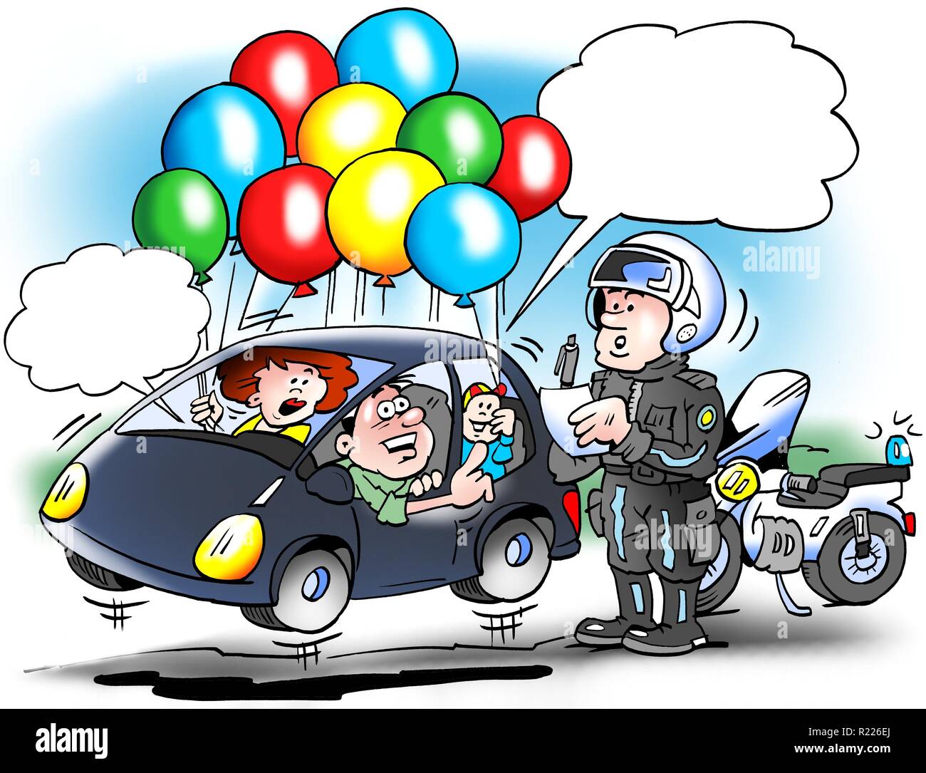 Cartoon Illustration einer Familie Auto, die versucht, auf das Benzin zu sparen, mit einem leichten Auto Stockfoto