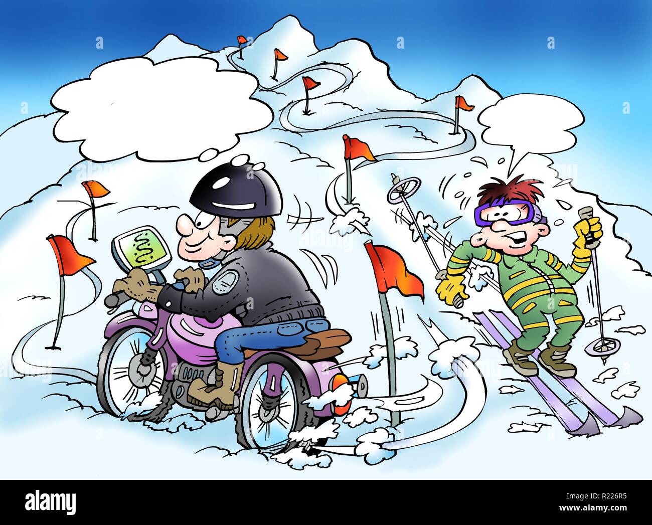 Cartoon Illustration eines Motorradfahrer finden ist eine neue Weise durch seine gps Stockfoto