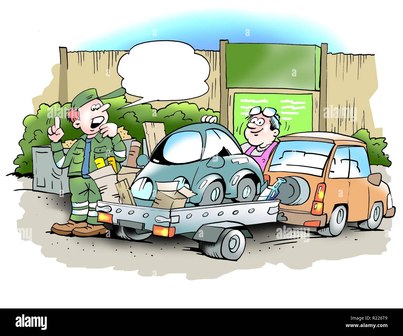 Man schrott sein kleines altes Auto an das Recycling Center Stockfoto