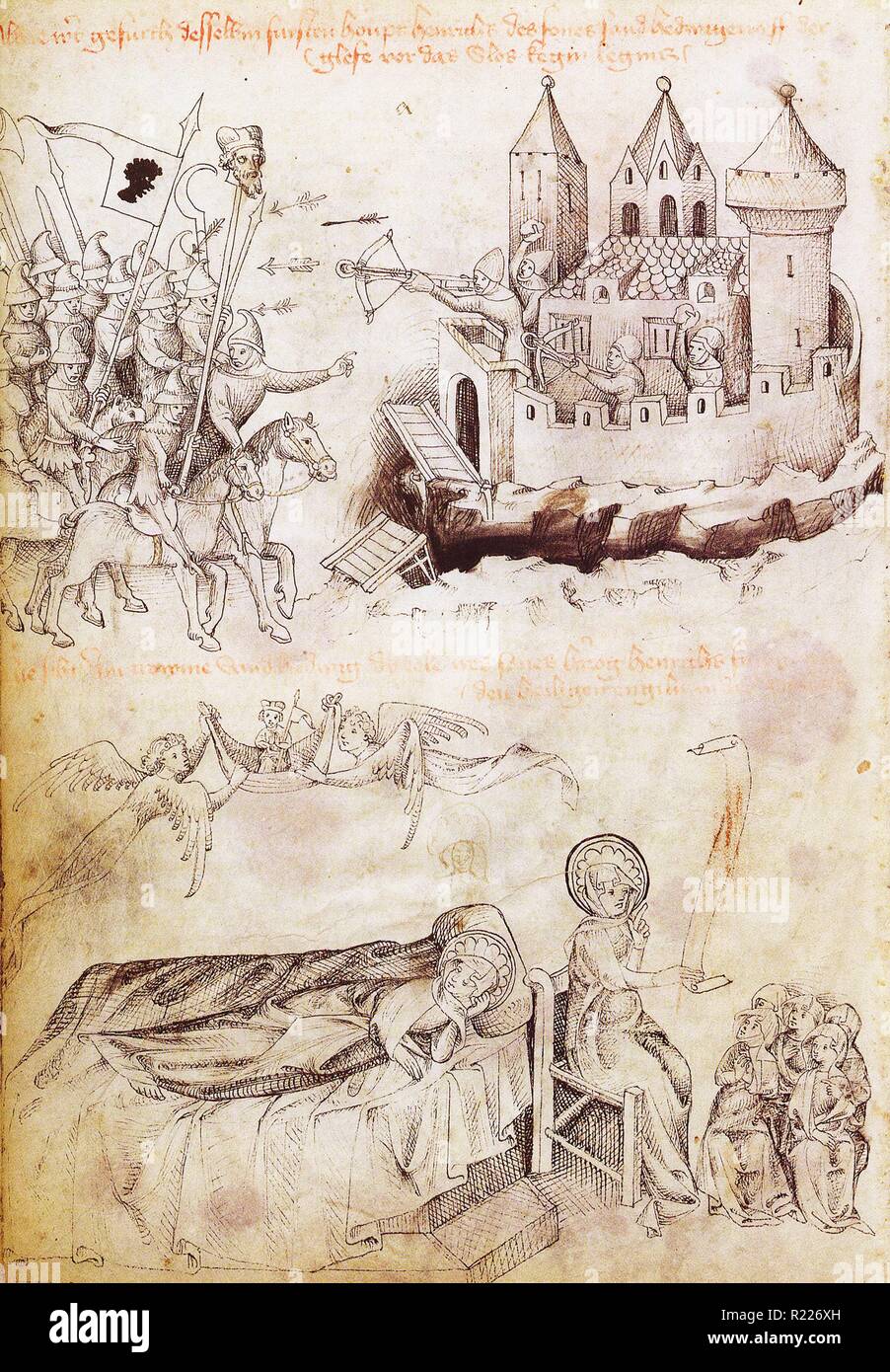 Die Mongolen bei Liegnitz zeigen den Kopf von Heinrich II. von Schlesien. Freytags Hedwig Manuskript, 1451. Universitätsbibliothek, Inv.-Nr. IV F 192, fol. 6 V. Stockfoto