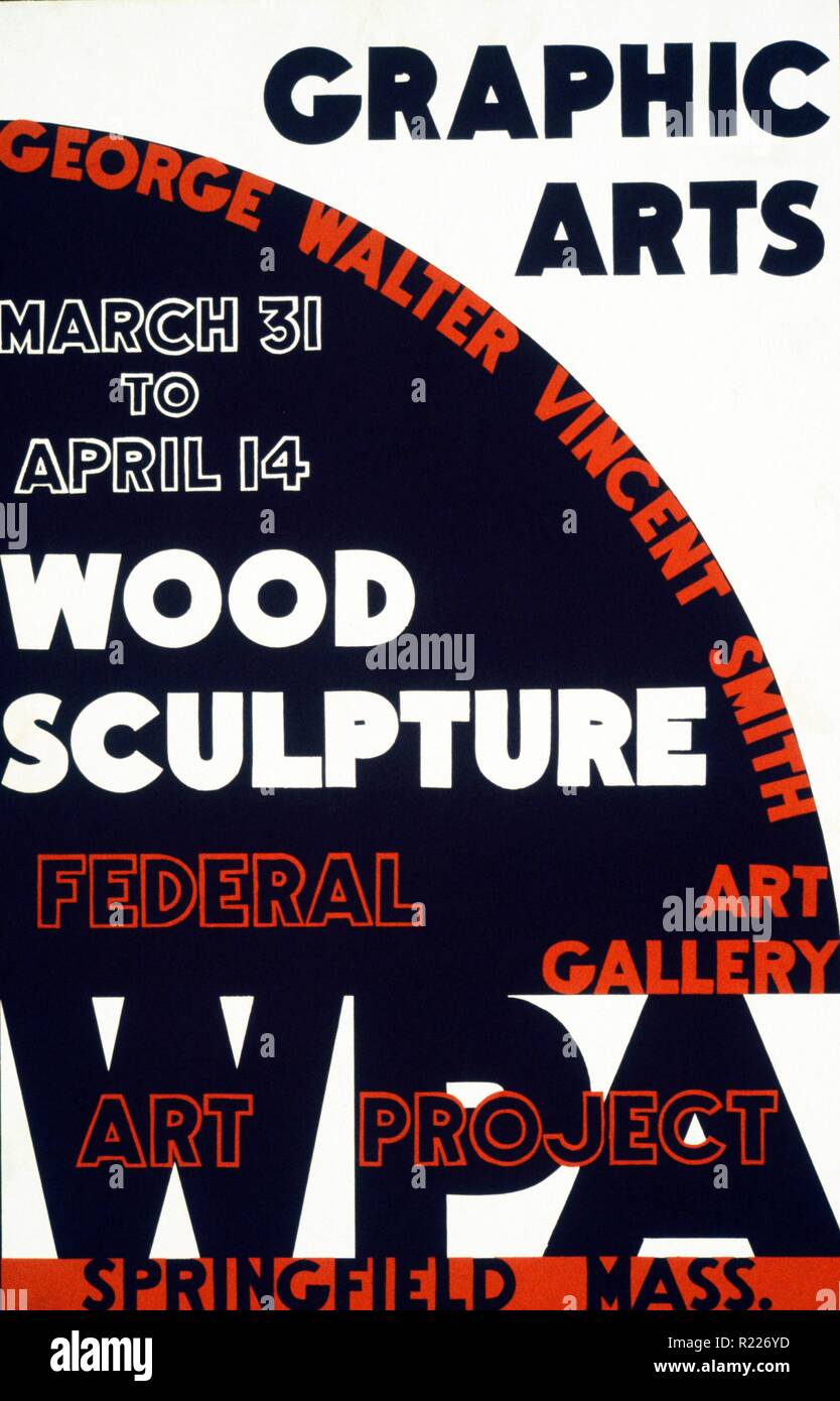 Graphic Arts - Holz Skulptur, George Walter Vincent Smith Kunstgalerie, Springfield, Massachusetts Federal Art Project, 1936 oder 1937. Plakat kündigt Grafik- und Holz Skulpturen-Ausstellung in der George Walter Vincent Smith Art Gallery, Springfield, Mass Stockfoto