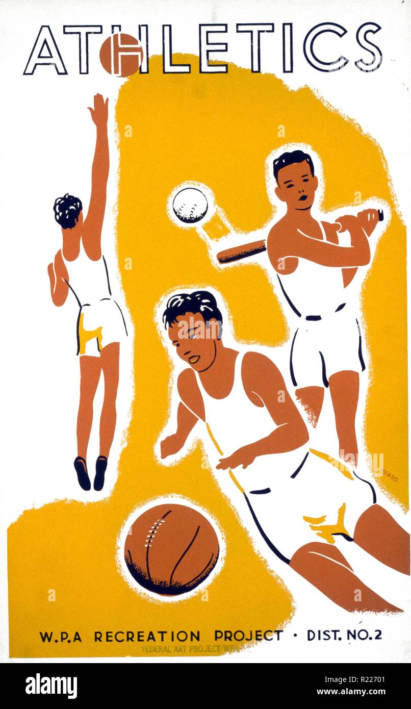 US Federal Art Project WPA Ill. [1939] Plakat zeigt Jugendliche spielen, Basketball, Baseball und volleyball Stockfoto