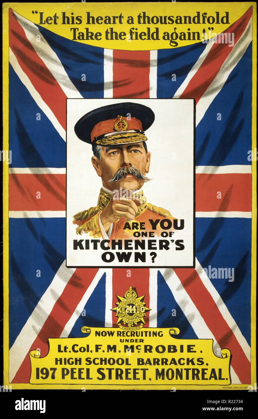 1914 kanadischen Weltkrieg Rekrutierung Plakat "sind Sie einer von Kitcheners eigenen?" Zeigt ein Bild von Lord Kitchener, 1850-1916 Stockfoto
