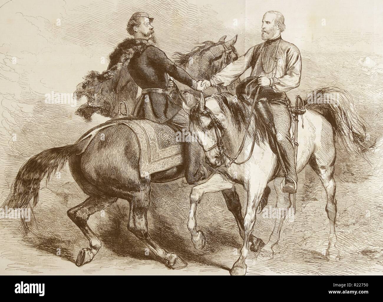 Gravur, die Darstellung der Abschied von Besuchen von Garibaldi (1807-1882), italienischer General und Politiker und Victor Emmanuel II von Italien (1820-1878). Vom 1860 Stockfoto