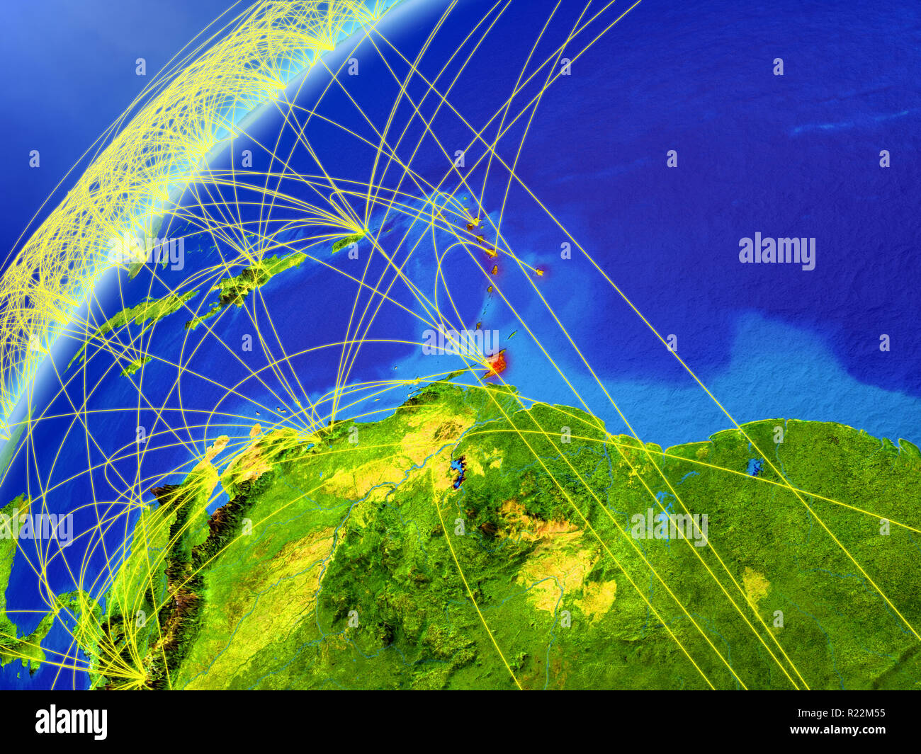 Karibik auf dem Modell des Planeten Erde mit internationalen Netzwerken. Konzept der digitalen Kommunikation und Technologie. 3D-Darstellung. Elemente dieser Ima Stockfoto