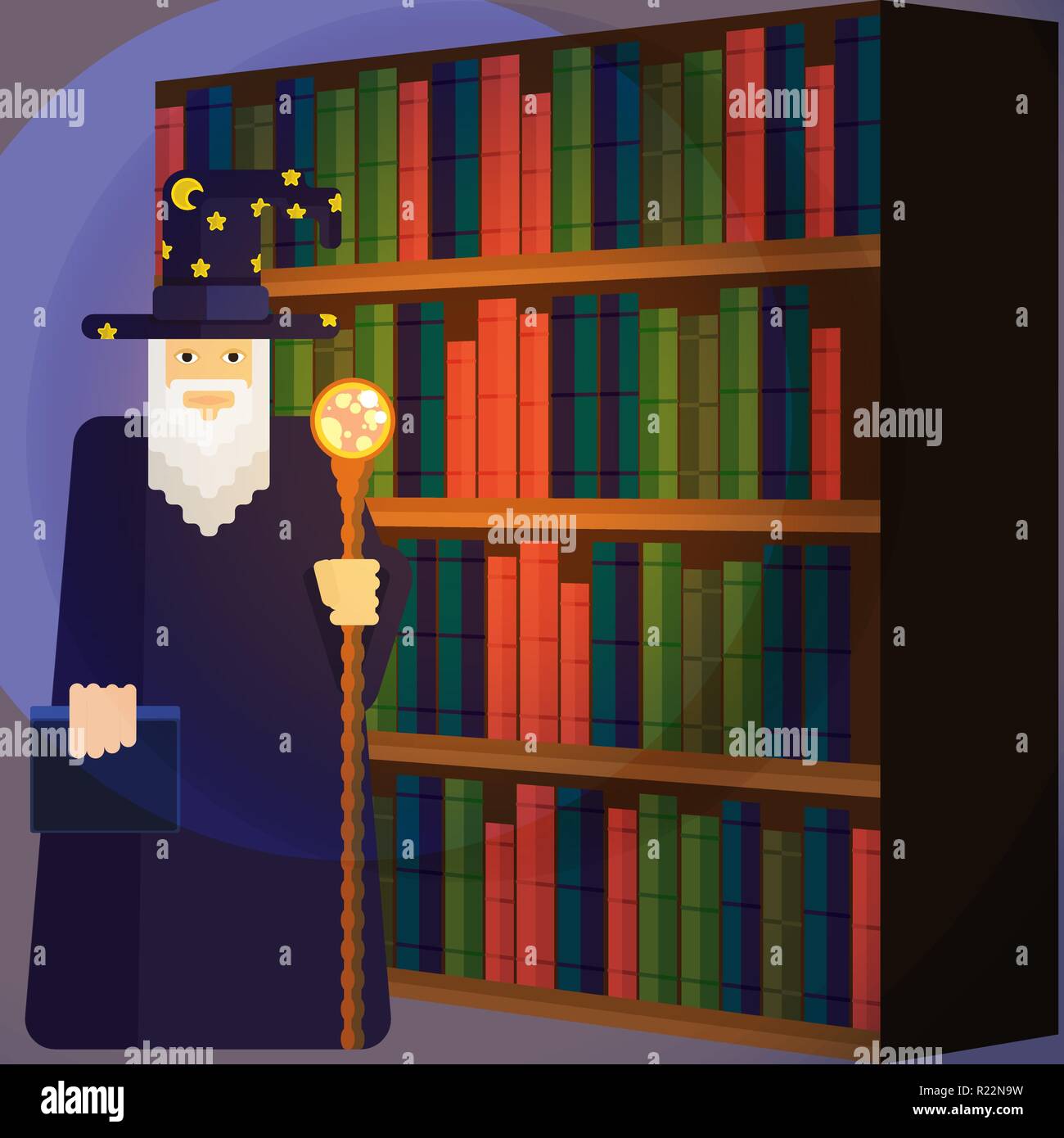 Pixel weiser Magier mit den Mitarbeitern in der Bibliothek. Coole und lustige Cartoon Charakter für Spiele und Bücher. Assistent für Print und Web Stock Vektor