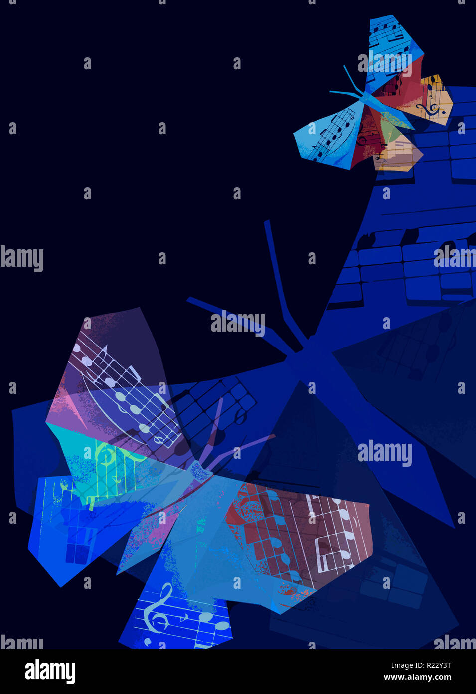 Origami Schmetterling mit Noten, nocturno Konzept. Abbildung: blauer Hintergrund mit bunten origami Schmetterlinge mit Noten. Konzept Stockfoto