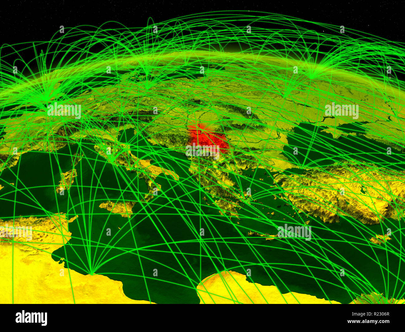 Serbien auf Digital Planet Erde mit internationalen Netzwerk für Kommunikation, Reisen und Verbindungen. 3D-Darstellung. Elemente dieses Bild Stockfoto