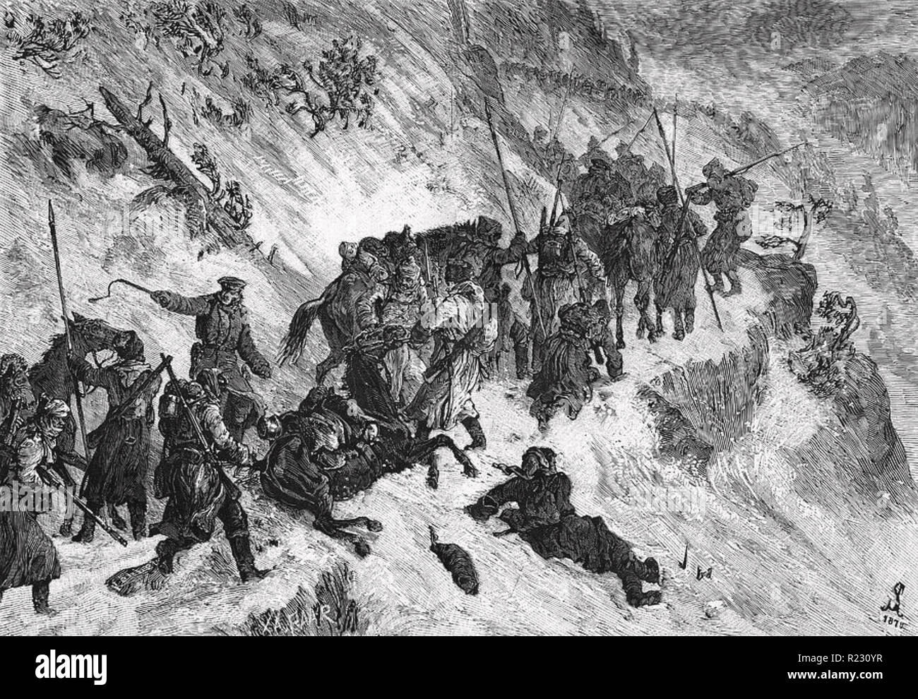 RUSSO-türkischen Krieg 1877-78. Die russischen Streitkräfte auf einem Pass im Winter Stockfoto