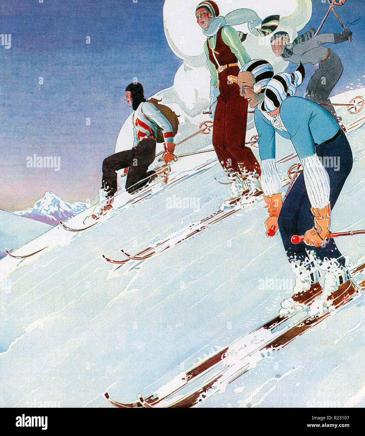 Skifahren im Jahre 1931 in einer Reihe von Abbildungen aus die US-amerikanische Zeitschrift "Richter" Stockfoto