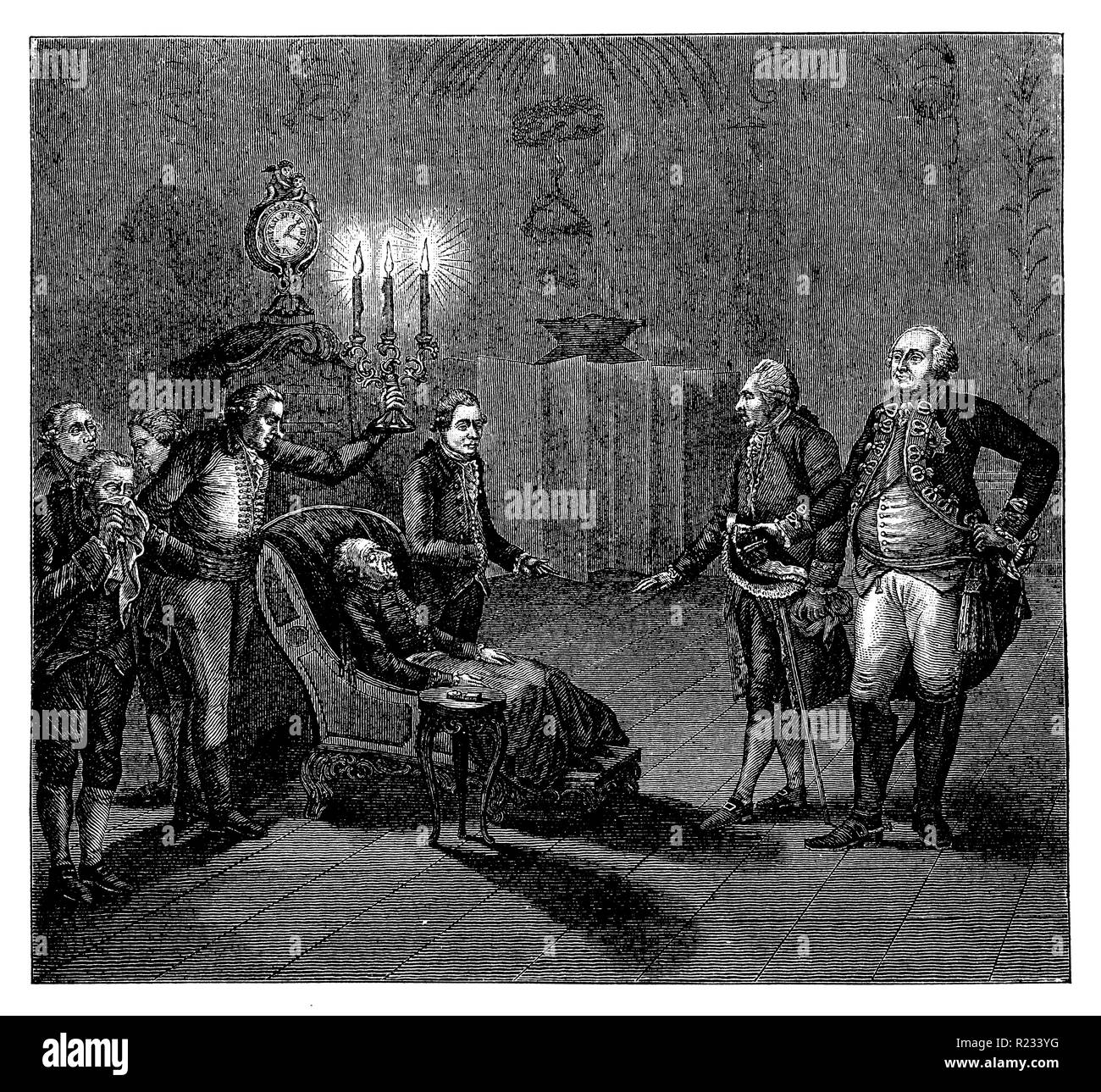 (Preußen) Friedrich II., Friedrich der Große, der Alte Fritz, König von Preußen (1712-1786) von Friedrich ist der einzige Übergang in das Reich der Vollkommenheit. Potsdam, den 17. August 1786 um 2 Uhr und 20 Minuten am Morgen'. Rechts: Der thronfolger Friedrich Wilhelm II., F.W. Bock 1899 Stockfoto