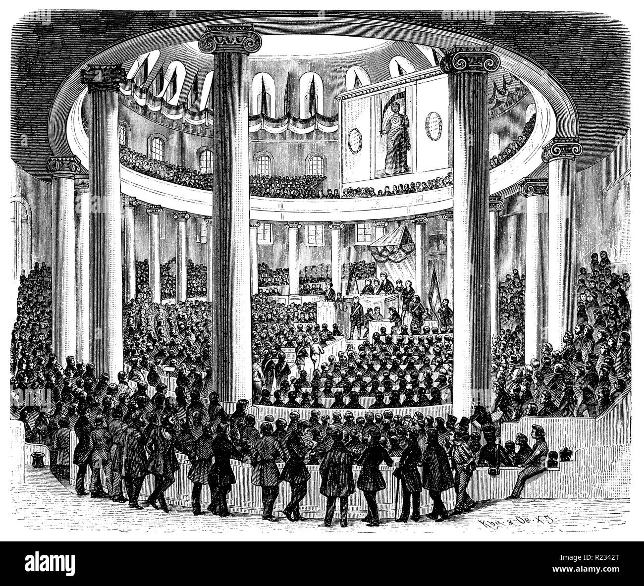 Sitzung des vorbereitenden Parlament in der Paulskirche in Frankfurt a. M., nach einer Darstellung der Leipziger Illustrierte, Jahrgang 1848, Kbg KOe 1899 Stockfoto