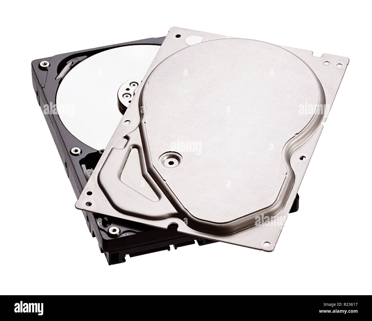 Geöffnet Festplatte HDD isoliert auf weißem Hintergrund Stockfoto