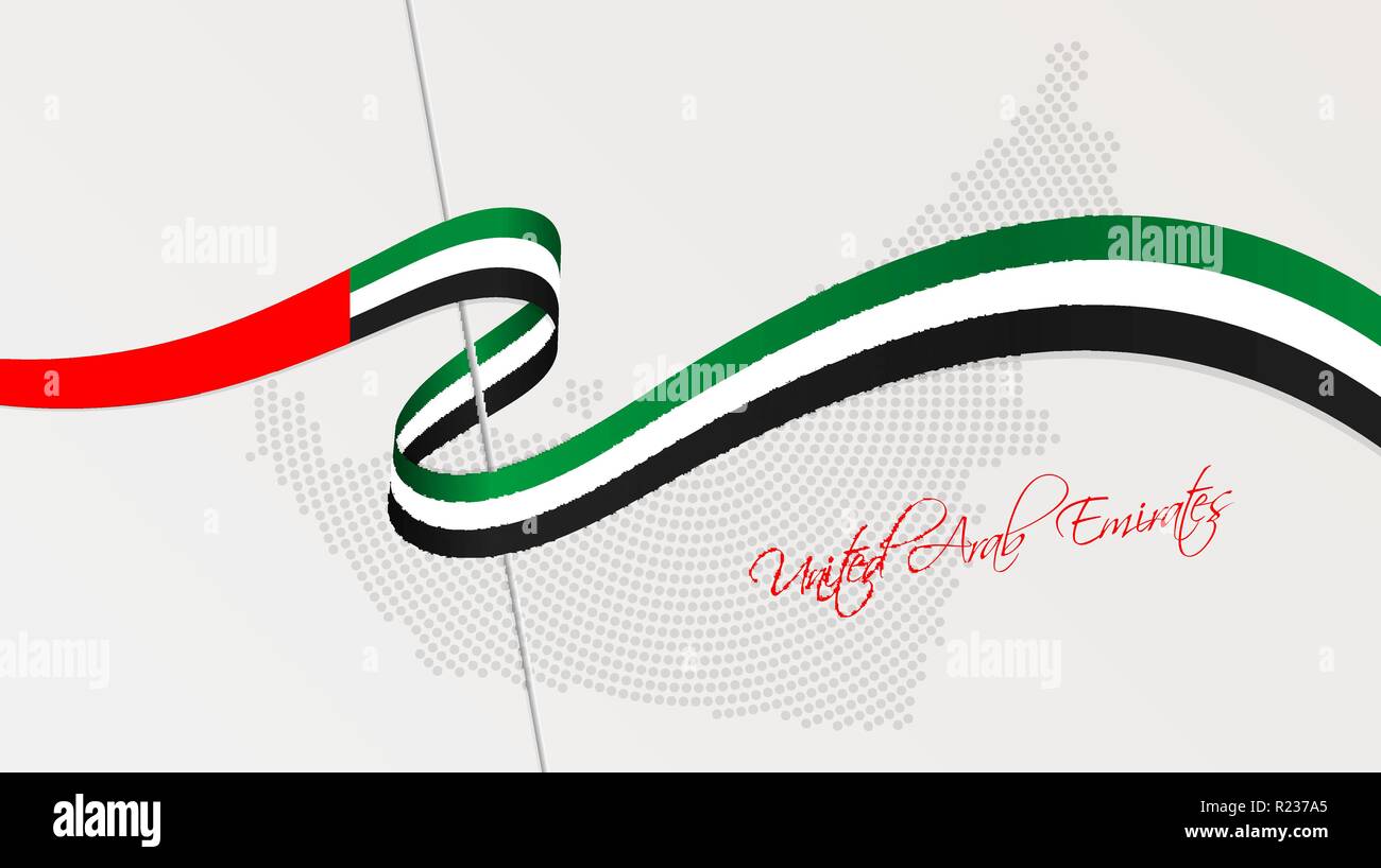 Vector Illustration der abstrakten radial gepunktete Rasterung Karte der Vereinigten Arabischen Emirate und gewellten Band mit UAE National Flagge Farben für Ihr Design Stock Vektor