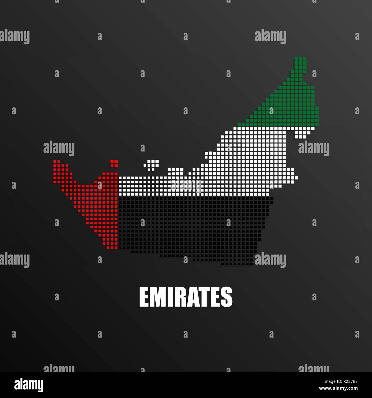 Vector Illustration der abstrakten halftone Karte von Vereinigte Arabische Emirate aus Quadratische Pixel mit UAE National Flagge Farben für Ihr Design Stock Vektor